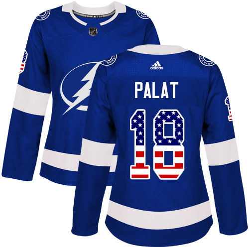 Adidas Tampa Bay Lightning 18 Ondrej Palat Blue Home Authentic USA Flag Women Stitched NHL Jersey